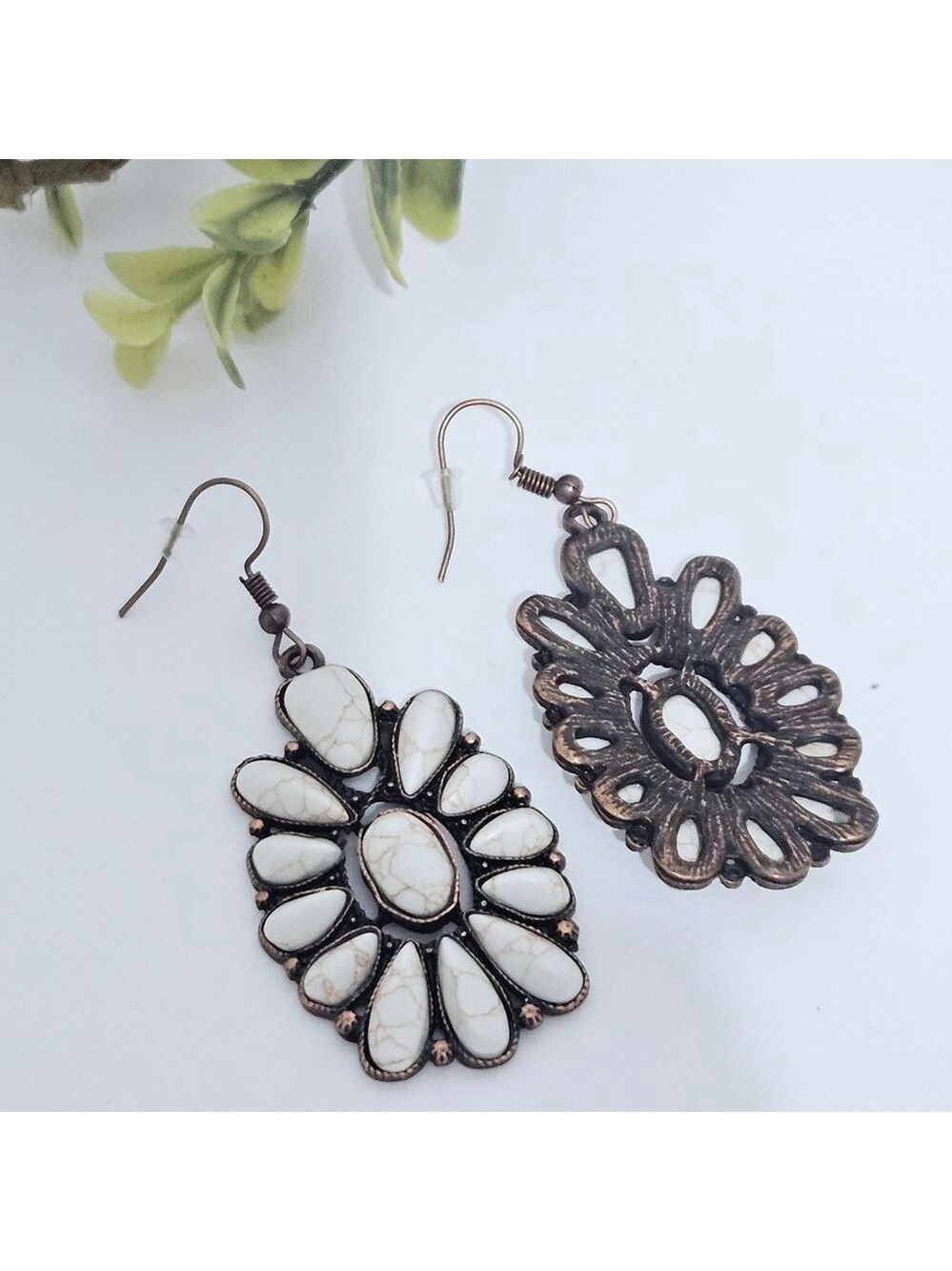 Western Squash Blossom Ivory & Copper Earrings - Picture 3 of 4